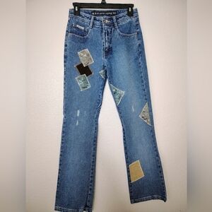 R.V.T Serve Piping Hot Patchwork Blue Jeans Sz 5/6 High Rise Straight Leg NWOT